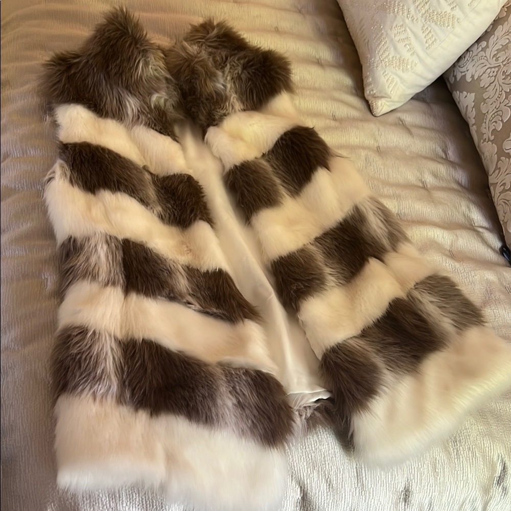 White House Black Market Brown and White Fur Vest